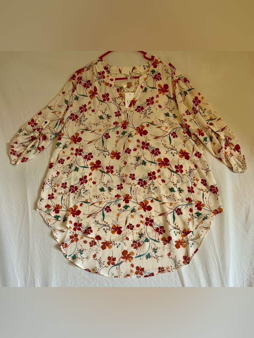 Cato Cream Floral V-Neck Tunic with Red & Orange Blooms